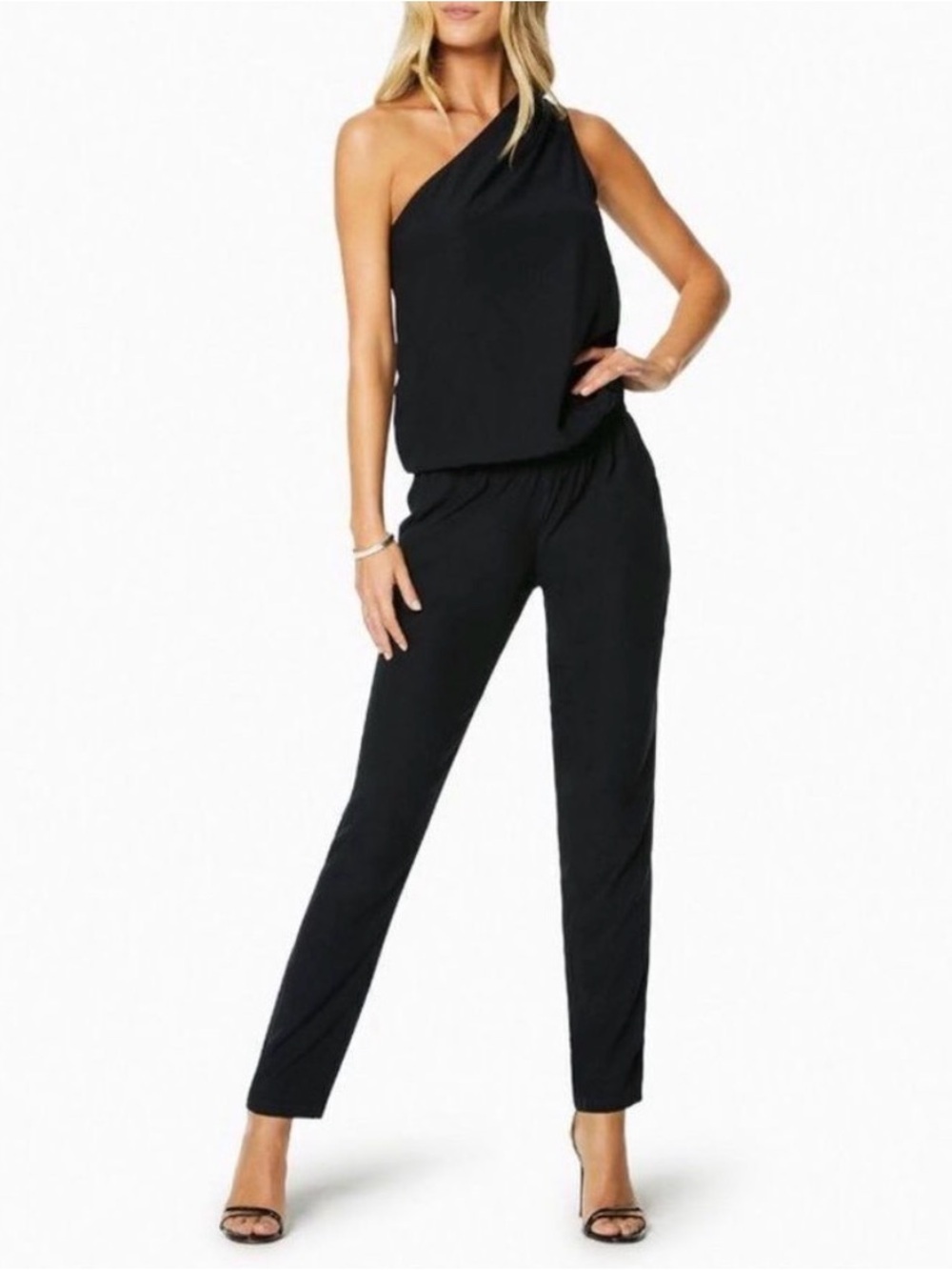 Ramy Brook Lulu Black One Shoulder Silk Jumpsuit Small Formal Minimalist Modern
